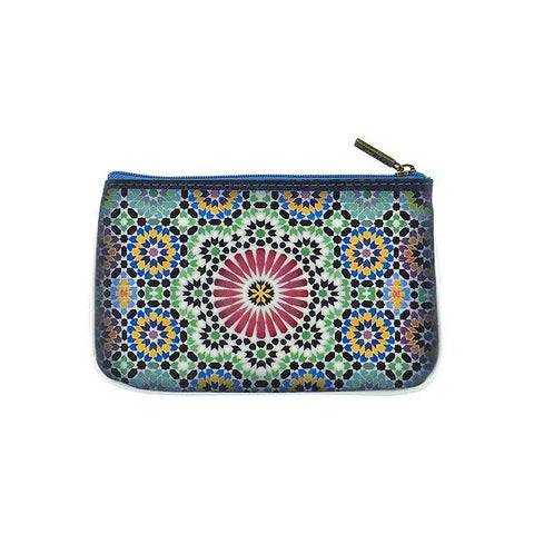 Mlavi Studio's whimsical vegan small pouch/coin purse with Bohemian style Moroccan tile pattern print. Great for everyday use or as gift for family & friends. Wholesale at www.mlavi.com for gift shops, fashion accessories & clothing boutiques, museum stores worldwide.