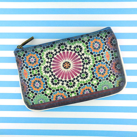 Mlavi Studio's whimsical vegan small pouch/coin purse with Bohemian style Moroccan tile pattern print. Great for everyday use or as gift for family & friends. Wholesale at www.mlavi.com for gift shops, fashion accessories & clothing boutiques, museum stores worldwide.
