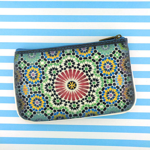 Mlavi Studio's whimsical vegan small pouch/coin purse with Bohemian style Moroccan tile pattern print. Great for everyday use or as gift for family & friends. Wholesale at www.mlavi.com for gift shops, fashion accessories & clothing boutiques, museum stores worldwide.