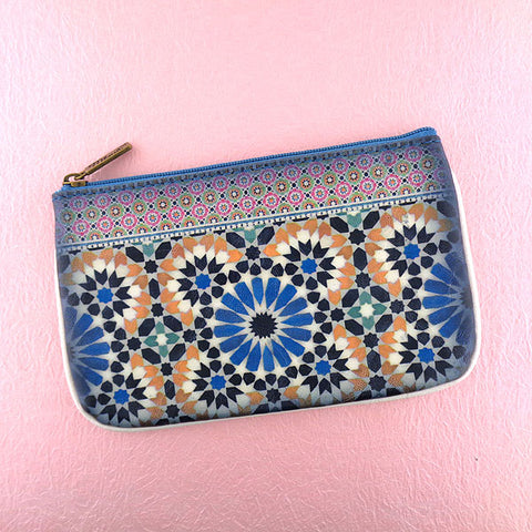 Mlavi whimsical vegan small pouch/coin purse with Bohemian style Moroccan tile pattern print for everyday use or as gift for family & friends. Wholesale at www.mlavi.com