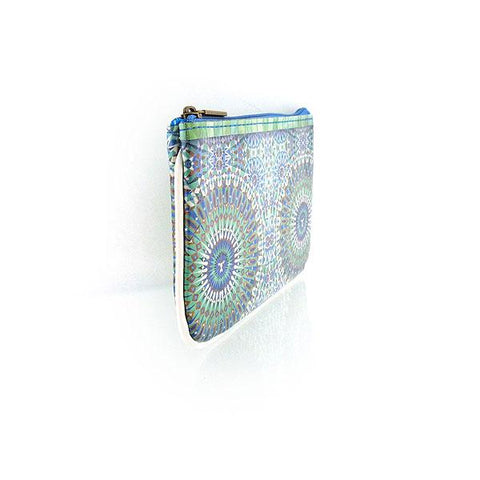 Mlavi Studio's whimsical vegan small pouch/coin purse with Bohemian style Moroccan tile pattern print. Great for everyday use or as gift for family & friends. Wholesale at www.mlavi.com for gift shops, fashion accessories & clothing boutiques, museum stores worldwide.