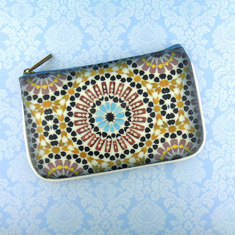 Mlavi whimsical vegan small pouch/coin purse with Bohemian style Moroccan tile pattern printfor everyday use or as gift for family & friends. Wholesale at www.mlavi.com