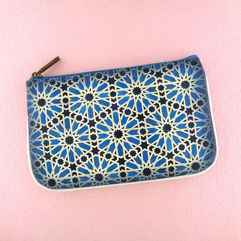 Mlavi Studio's whimsical vegan small pouch/coin purse with Bohemian style Moroccan tile pattern print. Great for everyday use or as gift for family & friends. Wholesale at www.mlavi.com for gift shops, fashion accessories & clothing boutiques, museum stores worldwide.