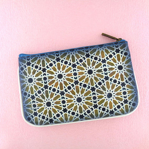 Mlavi Studio's whimsical vegan small pouch/coin purse with Bohemian style Moroccan tile pattern print. Great for everyday use or as gift for family & friends. Wholesale at www.mlavi.com for gift shops, fashion accessories & clothing boutiques, museum stores worldwide.