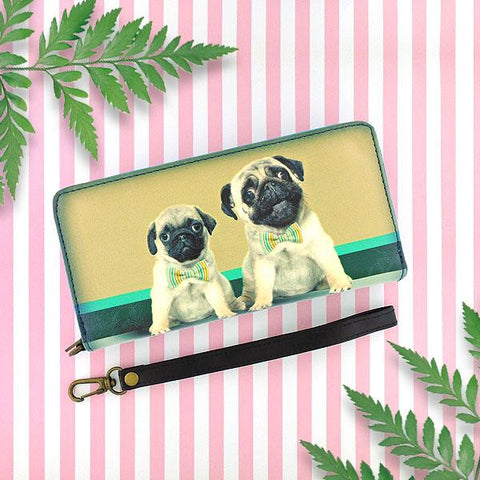 Mlavi Eco-friendly vegan large wristlet wallet with pug daddy and pug puppy print. Great for everyday use, travel or as gift for dog loving family & friends. Wholesale at www.mlavi.com for gift shops, fashion accessories & clothing boutiques in Canada, USA & worldwide.