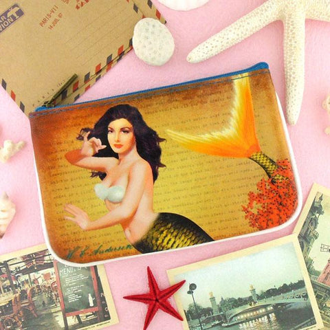 Mlavi Eco-friendly, cruelty-free, ethically made small pouch/coin purse with vintage style pinup girl style mermaid print. Great for everyday use, travel or as gift for family & friends. Wholesale at www.mlavi.com to gift shop, clothing & fashion accessories boutiques, book stores worldwide.