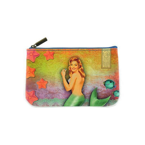 Mlavi Eco-friendly, cruelty-free, ethically made small pouch/coin purse with retro style pinup girl style mermaid printfor everyday use, travel or as gift for family & friends.