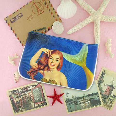 Mlavi Eco-friendly, cruelty-free, ethically made small pouch/coin purse with vintage style pinup girl style mermaid print. Great for everyday use, travel or as gift for family & friends. Wholesale at www.mlavi.com to gift shop, clothing & fashion accessories boutiques, book stores worldwide.