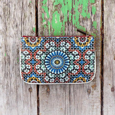 Mlavi Studio's whimsical vegan small pouch/coin purse with Bohemian style Moroccan pattern print. Great for everyday use or as gift for family & friends. Wholesale at www.mlavi.com for gift shops, fashion accessories & clothing boutiques, museum stores worldwide.