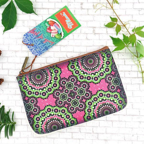 Mlavi Studio's whimsical vegan small pouch/coin purse with Bohemian style Moroccan pattern print. Great for everyday use or as gift for family & friends. Wholesale at www.mlavi.com for gift shops, fashion accessories & clothing boutiques, museum stores worldwide.