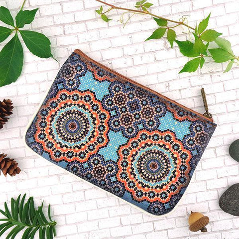Mlavi Studio's whimsical vegan small pouch/coin purse with Bohemian style Moroccan pattern print. Great for everyday use or as gift for family & friends. Wholesale at www.mlavi.com for gift shops, fashion accessories & clothing boutiques, museum stores worldwide.
