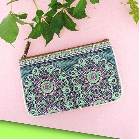 Mlavi Studio's whimsical vegan small pouch/coin purse with Bohemian style Moroccan pattern print. Great for everyday use or as gift for family & friends. Wholesale at www.mlavi.com for gift shops, fashion accessories & clothing boutiques, museum stores worldwide.