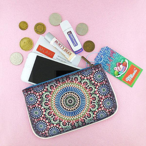 Mlavi whimsical vegan small pouch/coin purse with Bohemian style Moroccan pattern printfor everyday use or as gift for family & friends. Wholesale at www.mlavi.com