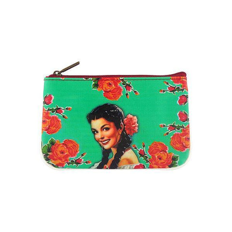 Mlavi retro style Mexican calendar pinup girl print small pouch/coin purse made with Eco-friendly & cruelty free vegan materials. Wholesale at www.mlavi.com