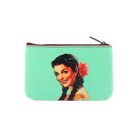 Mlavi retro style Mexican calendar pinup girl print small pouch/coin purse made with Eco-friendly & cruelty free vegan materials. Wholesale at www.mlavi.com