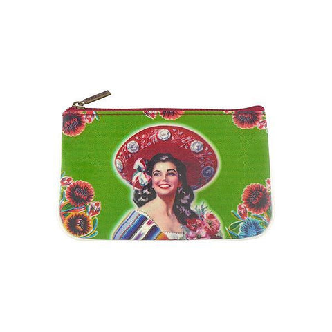 Mlavi retro style Mexican calendar pinup girl print small pouch/coin purse made with Eco-friendly & cruelty free vegan materials. Wholesale at www.mlavi.com