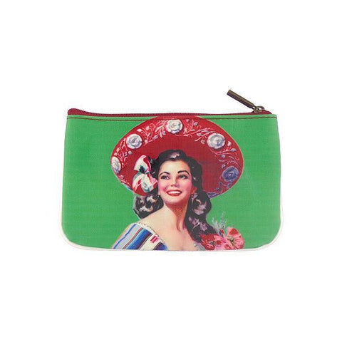 Mlavi retro style Mexican calendar pinup girl print small pouch/coin purse made with Eco-friendly & cruelty free vegan materials. Wholesale at www.mlavi.com
