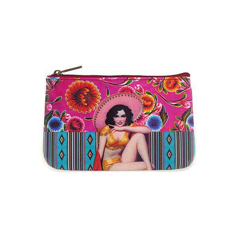 Mlavi retro style Mexican calendar pinup girl print small pouch/coin purse made with Eco-friendly & cruelty free vegan materials. Wholesale at www.mlavi.com