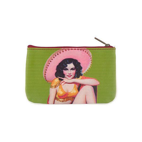 Mlavi retro style Mexican calendar pinup girl print small pouch/coin purse made with Eco-friendly & cruelty free vegan materials. Wholesale at www.mlavi.com