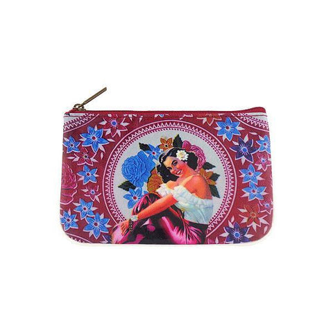 Mlavi retro style Mexican calendar pinup girl print small pouch/coin purse made with Eco-friendly & cruelty free vegan materials. Wholesale at www.mlavi.com