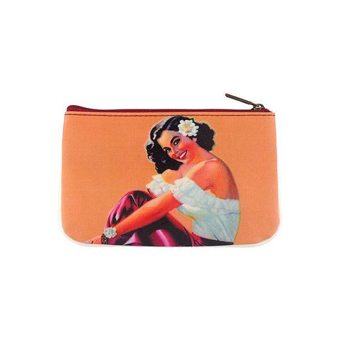 Mlavi retro style Mexican calendar pinup girl print small pouch/coin purse made with Eco-friendly & cruelty free vegan materials. Wholesale at www.mlavi.com