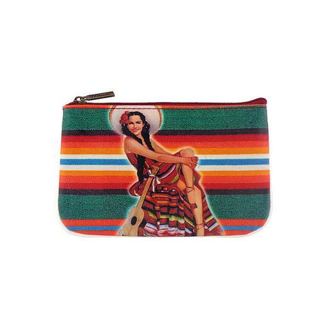 Mlavi retro style Mexican calendar pinup girl print small pouch/coin purse made with Eco-friendly & cruelty free vegan materials. Wholesale at www.mlavi.com