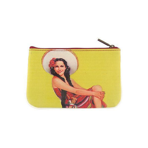 Mlavi retro style Mexican calendar pinup girl print small pouch/coin purse made with Eco-friendly & cruelty free vegan materials. Wholesale at www.mlavi.com
