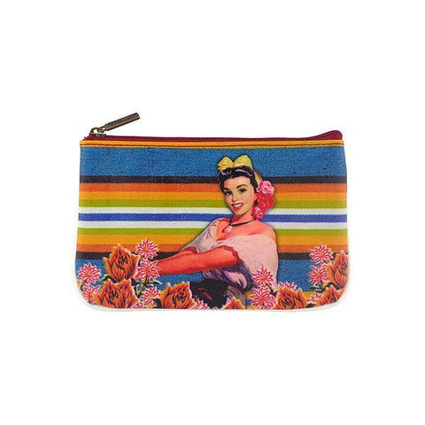 Mlavi retro style Mexican calendar pinup girl print small pouch/coin purse made with Eco-friendly & cruelty free vegan materials. Wholesale at www.mlavi.com