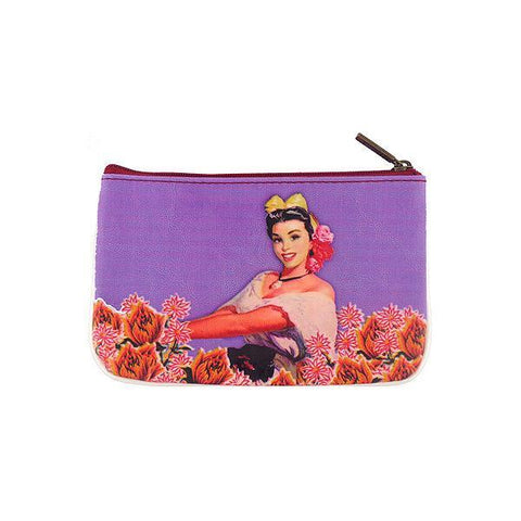 Mlavi retro style Mexican calendar pinup girl print small pouch/coin purse made with Eco-friendly & cruelty free vegan materials. Wholesale at www.mlavi.com