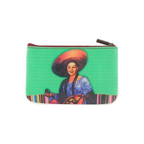 Mlavi retro style Mexican calendar pinup girl print small pouch/coin purse made with Eco-friendly & cruelty free vegan materials. Wholesale at www.mlavi.com