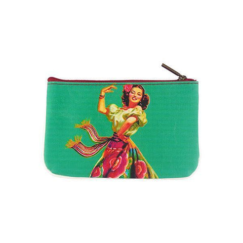 Mlavi retro style Mexican calendar pinup girl print small pouch/coin purse made with Eco-friendly & cruelty free vegan materials. Wholesale at www.mlavi.com