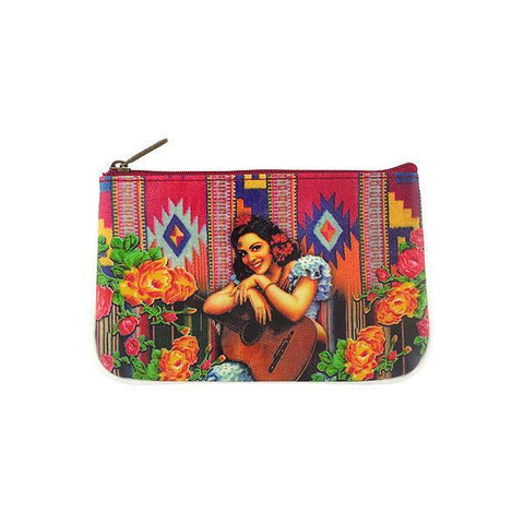 Mlavi retro style Mexican calendar pinup girl print small pouch/coin purse made with Eco-friendly & cruelty free vegan materials. Wholesale at www.mlavi.com