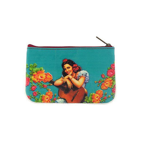 Mlavi retro style Mexican calendar pinup girl print small pouch/coin purse made with Eco-friendly & cruelty free vegan materials. Wholesale at www.mlavi.com