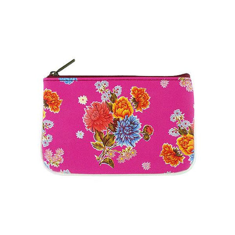 Mlavi Eco-friendly, cruelty-free, ethically made vegan/faux leather small pouch/coin purse features colorful Mexican oilcloth mums flower pattern. Great for every use or as gift for family & friends. Wholesale at www.mlavi.com for gift shops, clothing & fashion accessories boutiques worldwide.