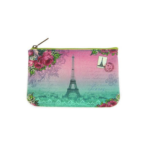 Mlavi vintage style Paris Eiffel tower & Macaron vegan small pouch/coin purse made with durable, Eco-friendly vegan materials. It will add personality & glamour to your trip!  Mlavi wholesales Paris themed vegan bags, wallets, cardholders, luggage tags & pouches to gift shops, fashion accessories & clothing boutiques.
