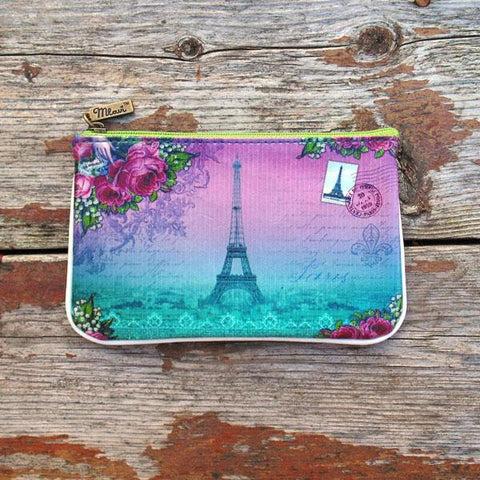 Mlavi vintage style Paris Eiffel tower & Macaron vegan small pouch/coin purse made with durable, Eco-friendly vegan materials. It will add personality & glamour to your trip!  Mlavi wholesales Paris themed vegan bags, wallets, cardholders, luggage tags & pouches to gift shops, fashion accessories & clothing boutiques.