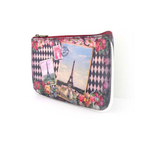 Mlavi vintage style Paris Eiffel tower & dove vegan small pouch/coin purse made with durable, Eco-friendly vegan materials. It will add personality & glamour to your trip!  Mlavi wholesales Paris themed vegan bags, wallets, cardholders, luggage tags & pouches to gift shops, fashion accessories & clothing boutiques.