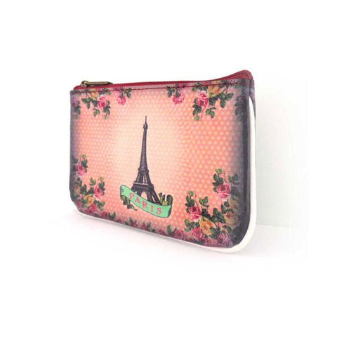 Mlavi vintage style Paris Eiffel tower vegan small pouch/coin purse made with durable, Eco-friendly vegan materials. It will add personality & glamour to your trip!  Mlavi wholesales Paris themed vegan bags, wallets, cardholders, luggage tags & pouches to gift shops, fashion accessories & clothing boutiques.