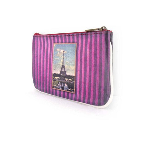 Mlavi vintage style Paris Eiffel tower vegan small pouch/coin purse made with durable, Eco-friendly vegan materials. It will add personality & glamour to your trip!  Mlavi wholesales Paris themed vegan bags, wallets, cardholders, luggage tags & pouches to gift shops, fashion accessories & clothing boutiques.