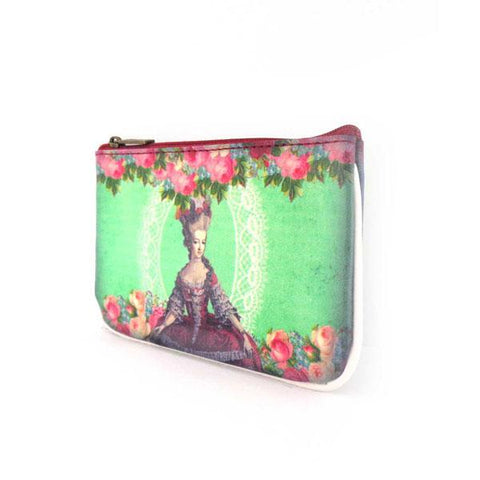 Mlavi vintage style queen Marie Antoinette vegan small pouch/coin purse made with durable, Eco-friendly vegan materials. It will add personality & glamour to your trip!  Mlavi wholesales Paris themed vegan bags, wallets, cardholders, luggage tags & pouches to gift shops, fashion accessories & clothing boutiques.