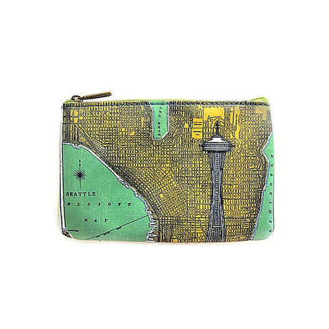 Eco-friendly, cruelty-free small pouch/coin purse with vintage style Seattle Space Needle print by Mlavi Studio. Great for everyday use, gift for family & friends. Wholesale at www.mlavi.com to gift shop, clothing & fashion accessories boutiques, book stores, souvenir shops in USA.