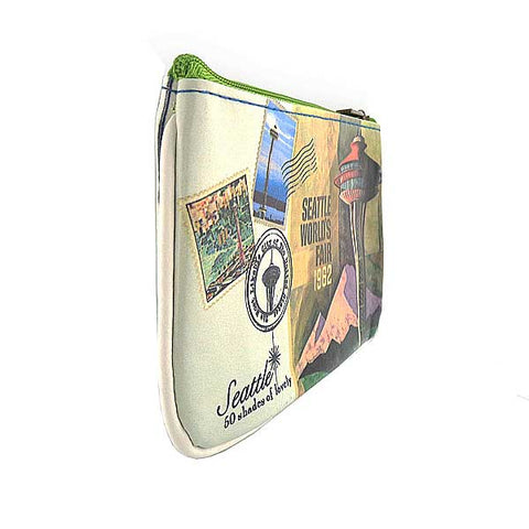 Eco-friendly, cruelty-free small pouch/coin purse with vintage style Seattle Space Needle print by Mlavi Studio. Great for everyday use, gift for family & friends. Wholesale at www.mlavi.com to gift shop, clothing & fashion accessories boutiques, book stores, souvenir shops in USA.