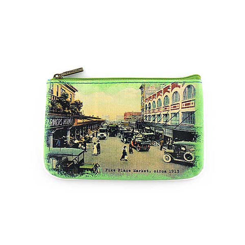 Eco-friendly, cruelty-free small pouch/coin purse with vintage style Seattle Pike Place Market print by Mlavifor everyday use, gift for family & friends. Wholesale at www.mlavi.com