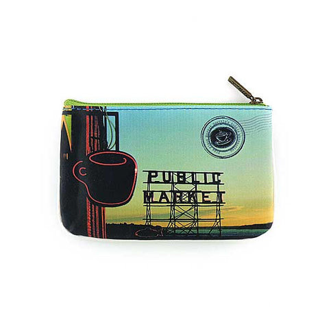 Eco-friendly, cruelty-free small pouch/coin purse with vintage style Seattle Pike Place Market print by Mlavifor everyday use, gift for family & friends. Wholesale at www.mlavi.com