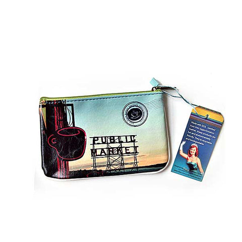 Eco-friendly, cruelty-free small pouch/coin purse with vintage style Seattle Pike Place Market print by Mlavifor everyday use, gift for family & friends. Wholesale at www.mlavi.com