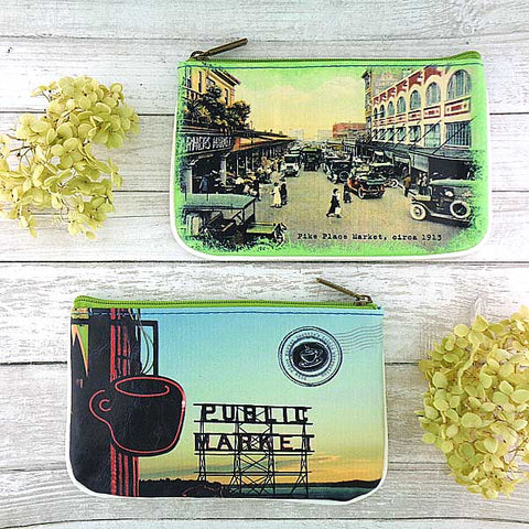 Eco-friendly, cruelty-free small pouch/coin purse with vintage style Seattle Pike Place Market print by Mlavifor everyday use, gift for family & friends. Wholesale at www.mlavi.com