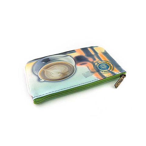 Eco-friendly, cruelty-free small pouch/coin purse with vintage style Seattle coffee print by Mlavi Studio. Great for everyday use, gift for family & friends. Wholesale at www.mlavi.com to gift shop, clothing & fashion accessories boutiques, book stores, souvenir shops in USA.