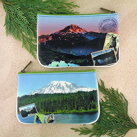 Eco-friendly, cruelty-free small pouch/coin purse with vintage style Seattle Mount Rainier print by Mlavi Studio. Great for everyday use, gift for family & friends. Wholesale at www.mlavi.com to gift shop, clothing & fashion accessories boutiques, book stores, souvenir shops in USA.