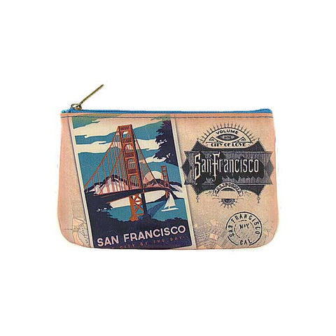 Mlavi vintage style San Francisco Golden Gate Bridge poster print vegan small pouch/coin pursefor everyday use, gift for family & friends. Wholesale at www.mlavi.com