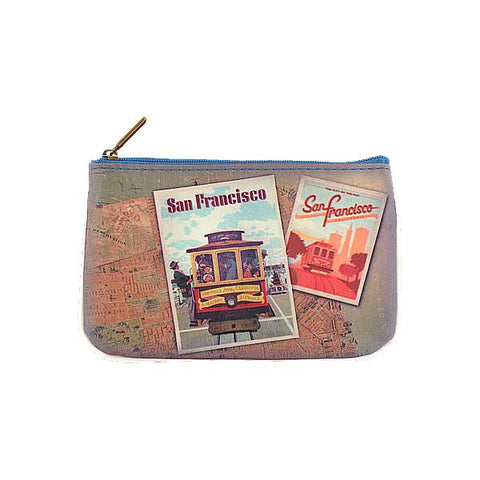 Mlavi vintage style San Francisco Cable Car posters print vegan small pouch/coin pursefor everyday use, gift for family & friends. Wholesale at www.mlavi.com
